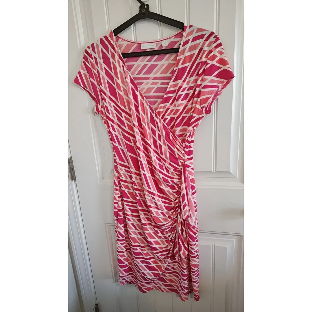women New York & Company Pink Geometric Faux Wrap Ruched Sheath Dress Small